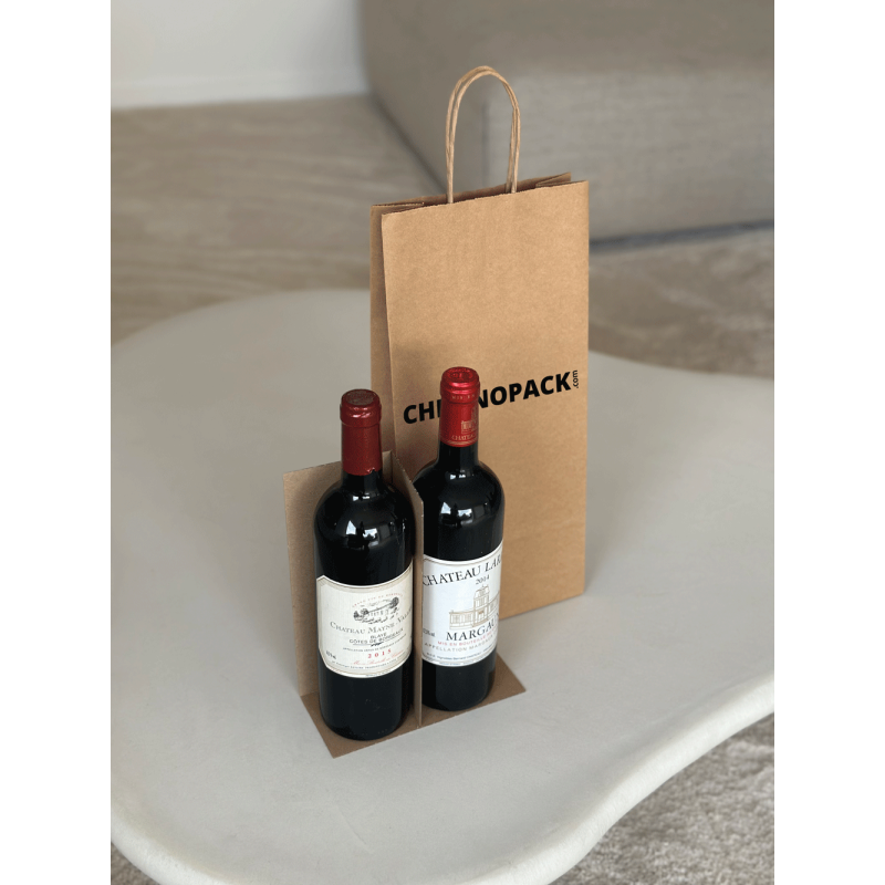 Bolsa de 2 botellas marrón personalizable, entrega urgente y precio económico.